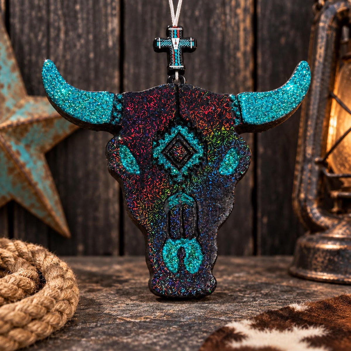 Bull Skull Car Freshie - Black and Teal Glitter