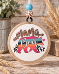 Mama Bear round cardstock freshie with serape striped bear and leopard print lettering