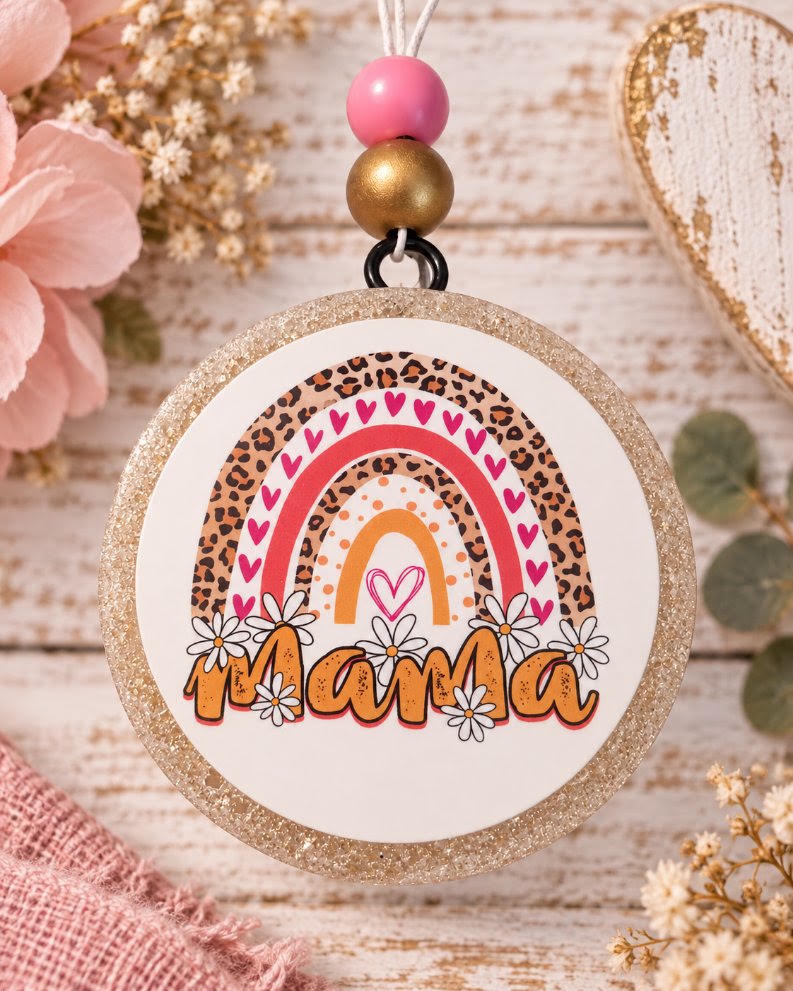 Mama Rainbow round cardstock freshie with leopard print rainbow and daisy design