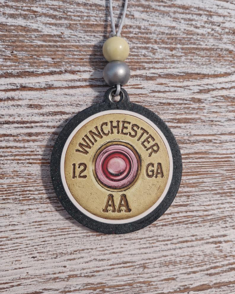 Winchester 12 GA AA round cardstock freshie with black glitter border
