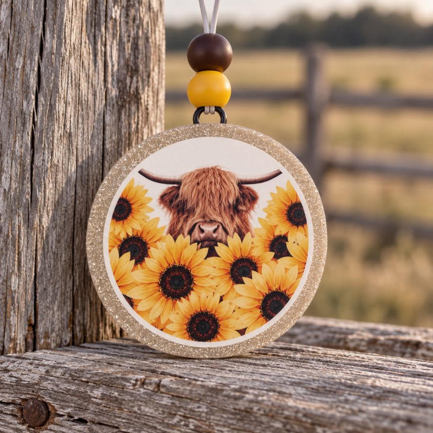 Highland Cow peeking through sunflowers round cardstock freshie with gold glitter border