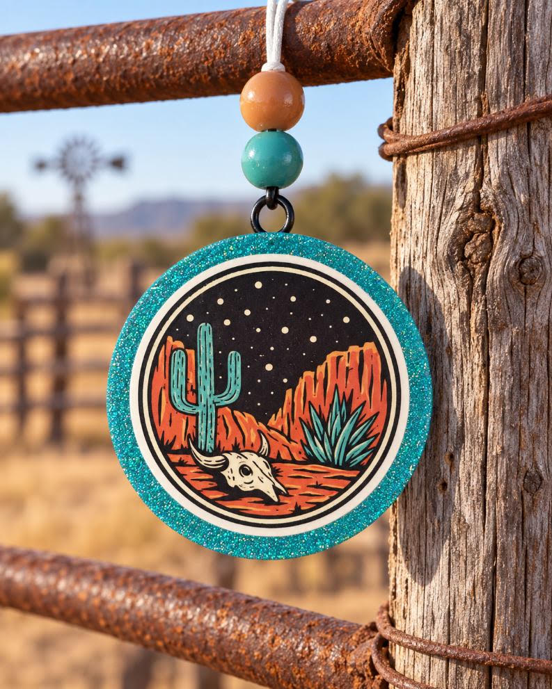 Desert Cactus and Skull round cardstock freshie with teal glitter border