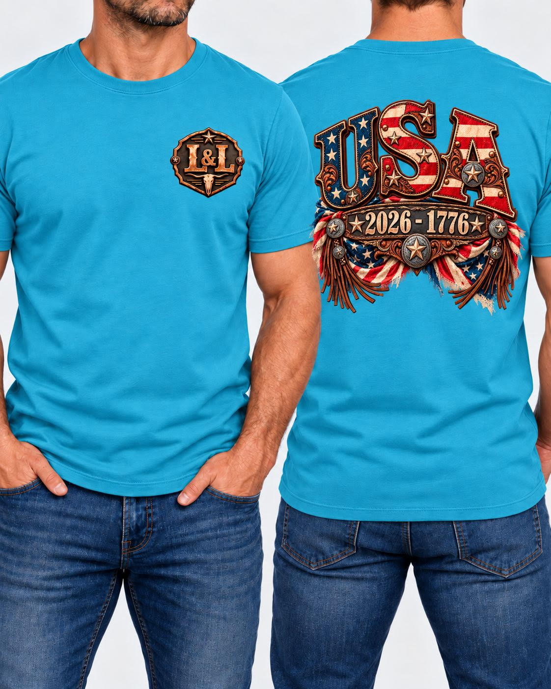USA 250 Western Tee in turquoise front and back