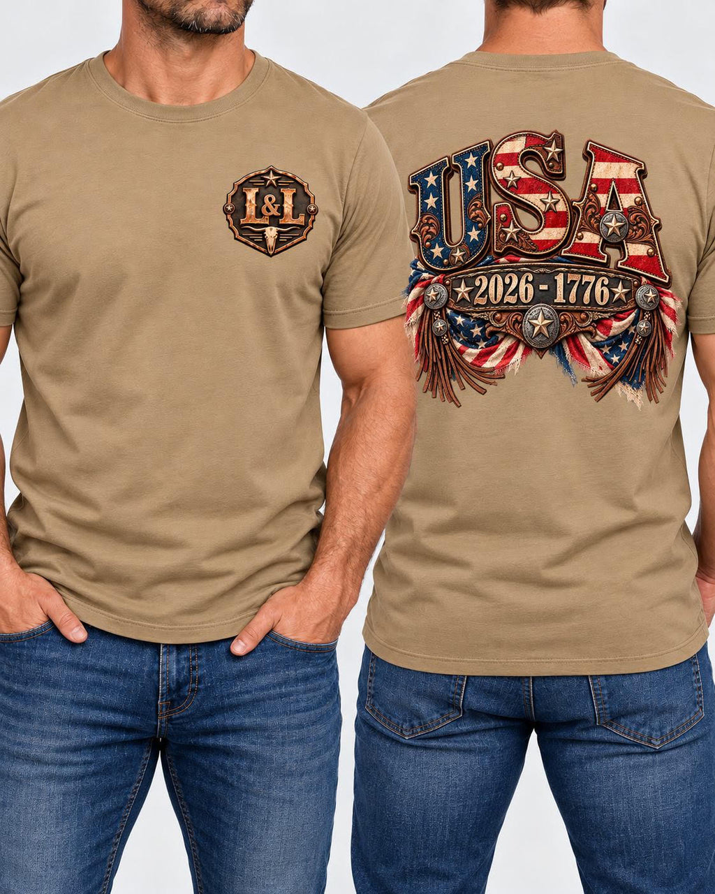 USA 250 Western Tee in tan front and back