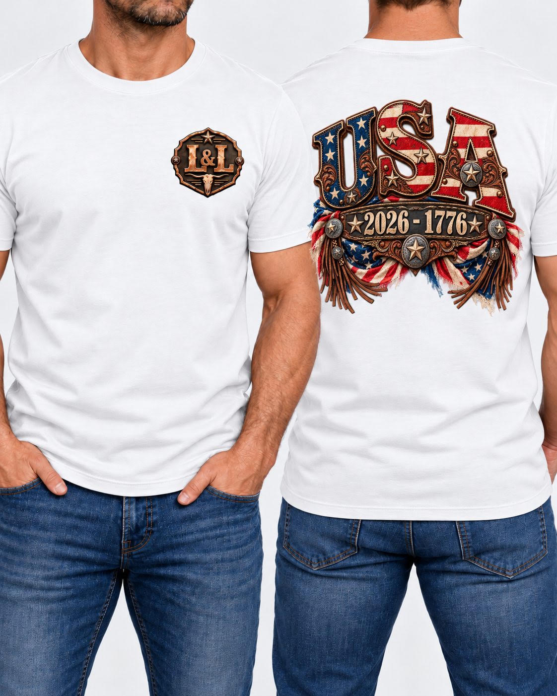 USA 250 Western Tee in white front and back