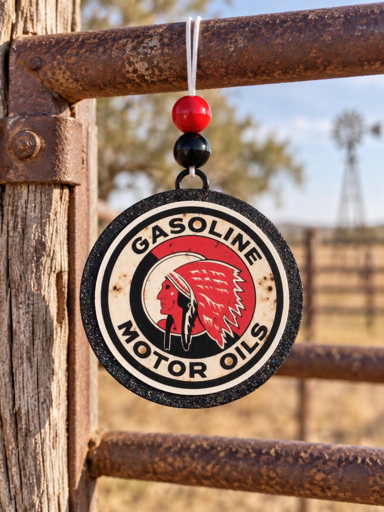 Gasoline Motor Oils vintage round cardstock freshie with black glitter border
