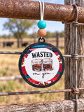 Wasted On You round cardstock freshie with whiskey glasses and serape design