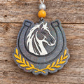 Horse Car Freshie - glitter horseshoe design with horse portrait and wheat sprigs