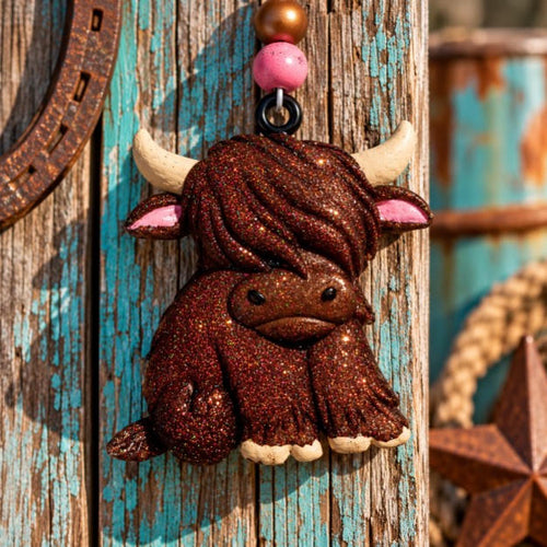 3D Highland Cow Car Freshie - Brown with Teal Bow