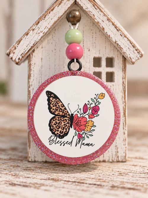 Blessed Mama butterfly round cardstock freshie with pink glitter border and floral design