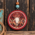 Bull Skull Aztec round cardstock freshie with red glitter border and tooled leather design