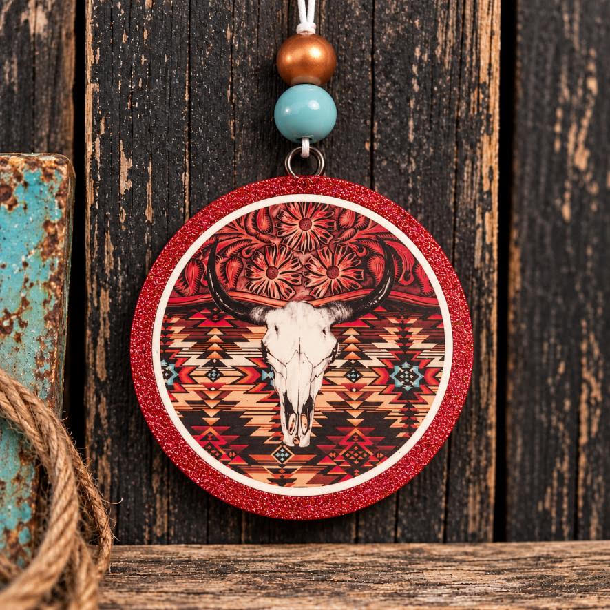 Bull Skull Aztec round cardstock freshie with red glitter border and tooled leather design
