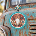 Bull Skull Aztec round cardstock freshie with teal glitter border and bull skull charm hanger