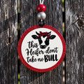 This Heifer Don't Take No Bull round cardstock freshie with red glitter border and buffalo plaid bow cow