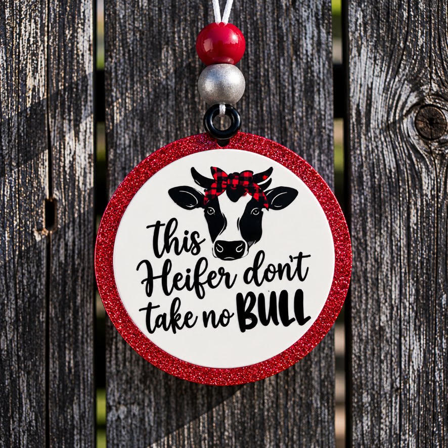 This Heifer Don't Take No Bull round cardstock freshie with red glitter border and buffalo plaid bow cow