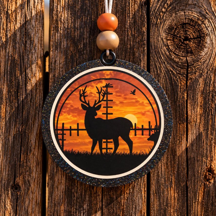 Deer in the Scope round cardstock freshie with buck silhouette sunset and black glitter border
