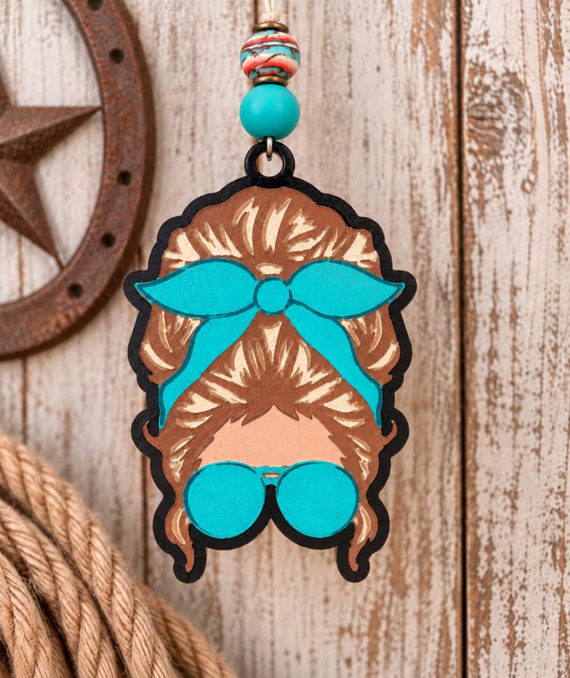 Teal bun head with sunglasses car freshie