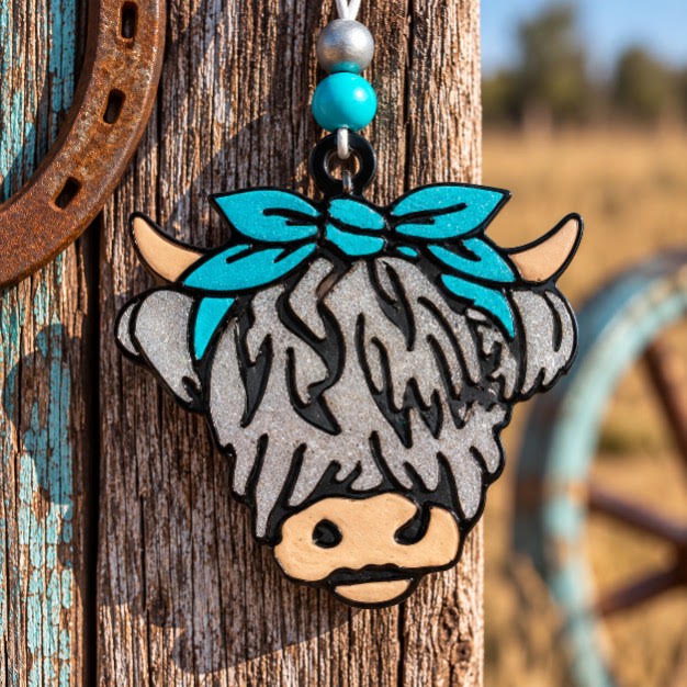 Highland Cow Car Freshie - Gray with Teal Bow