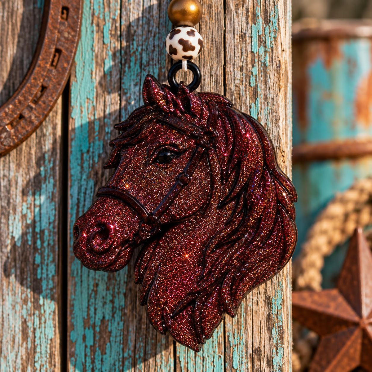 3D Horse Car Freshie - deep red glitter horse portrait