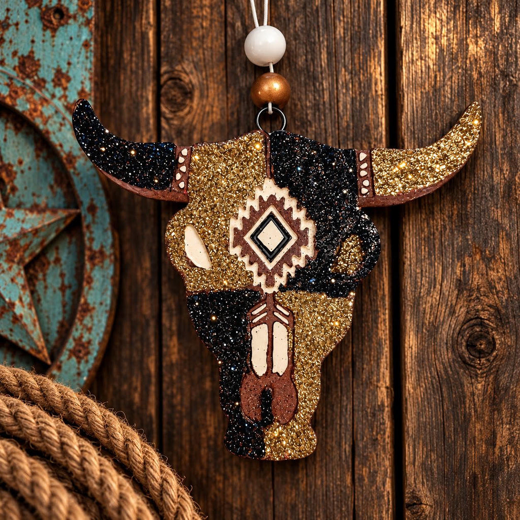 Bull Skull Car Freshie - Black and Gold Glitter