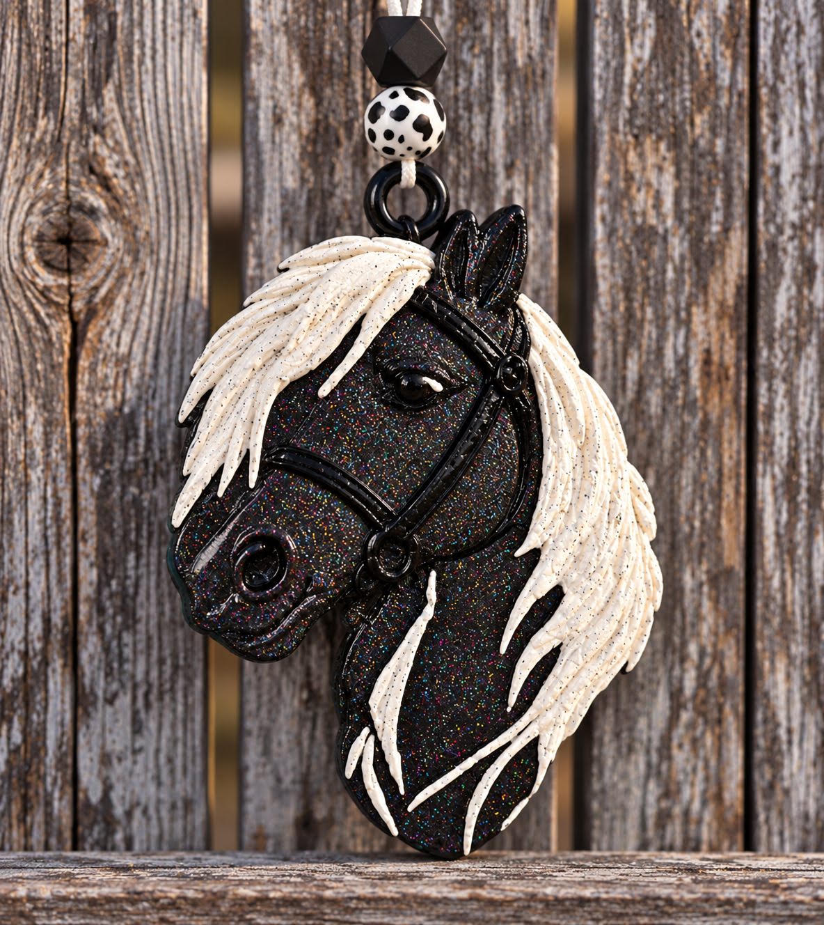 3D Horse Car Freshie - black and white pinto horse portrait