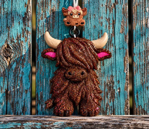 3D Highland Cow Car Freshie - Brown with Cowboy Hat Charm