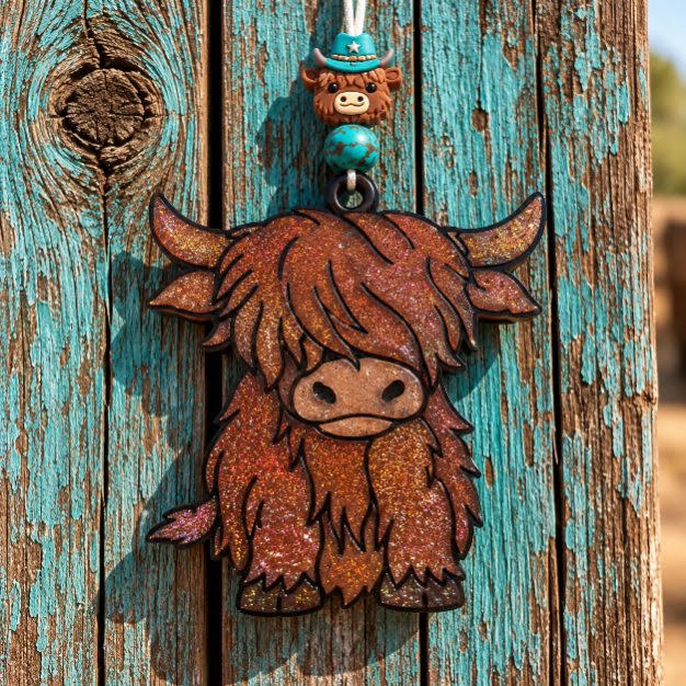 Highland Cow Car Freshie - Brown with Pink Ears and Beads