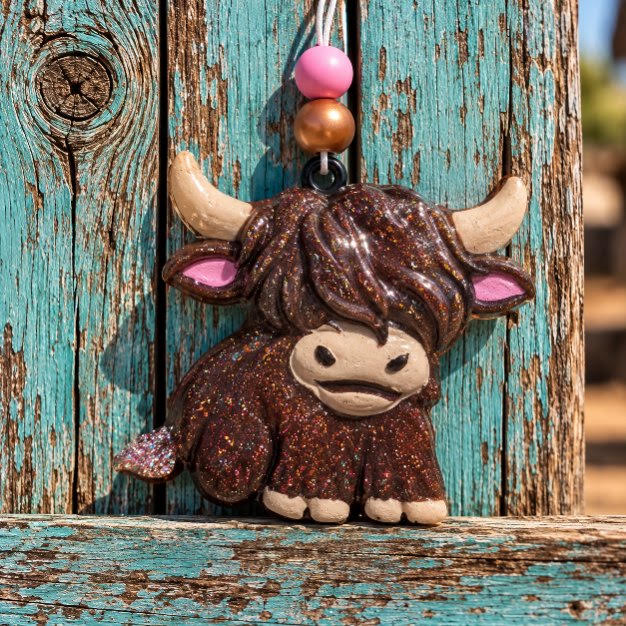 3D Highland Cow Car Freshie - Brown Sitting Pose with Pink Ears