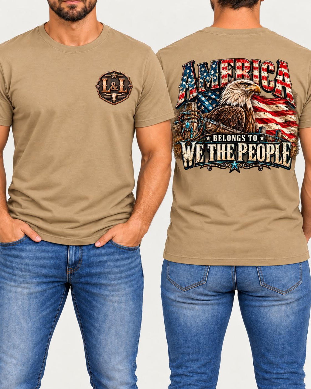 America Belongs to We the People tee in tan front and back