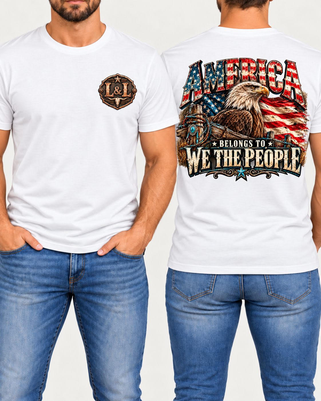 America Belongs to We the People tee in white front and back
