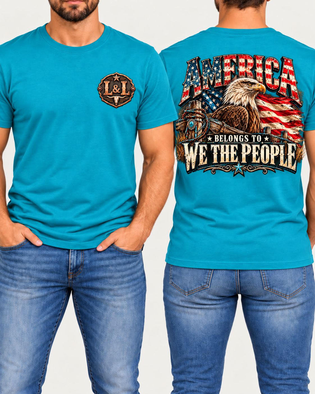 America Belongs to We the People tee in turquoise front and back
