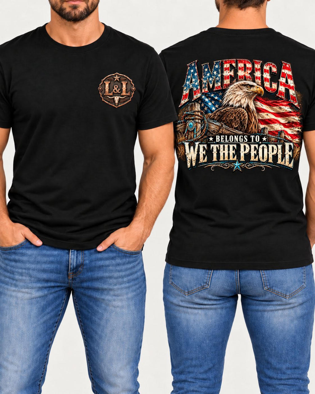 America Belongs to We the People tee in black front and back