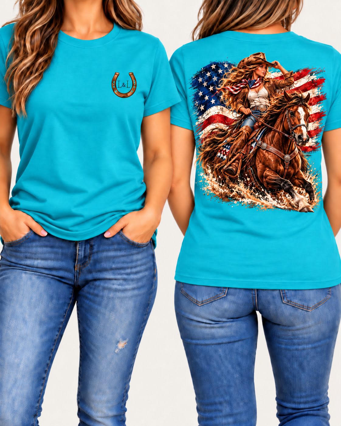 American Spirit tee in turquoise front and back