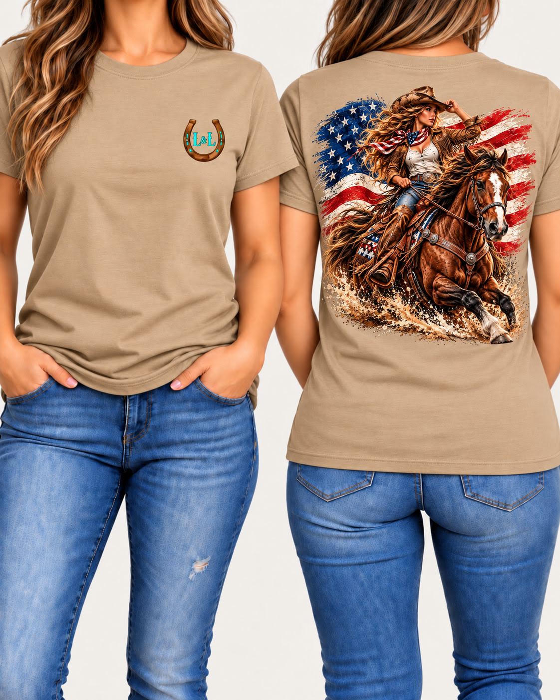 American Spirit tee in tan front and back