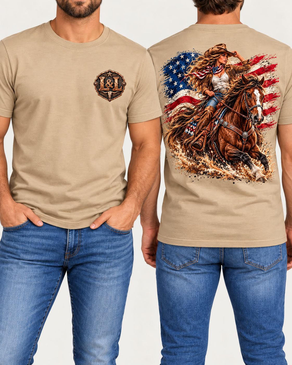 American Spirit men's tee in tan front and back