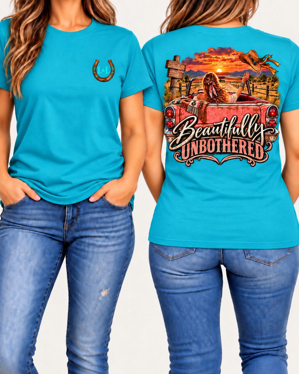 Beautifully Unbothered tee in turquoise front and back
