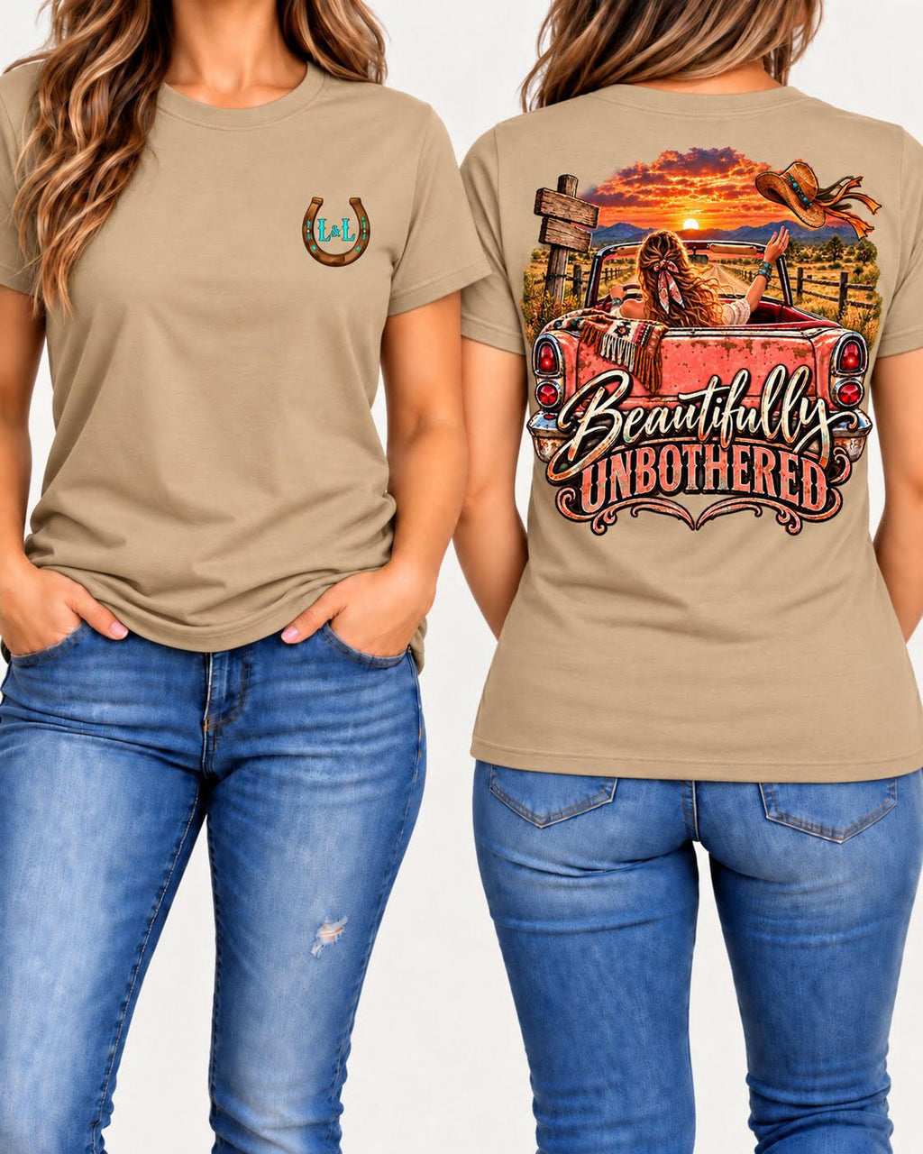 Beautifully Unbothered tee in tan front and back