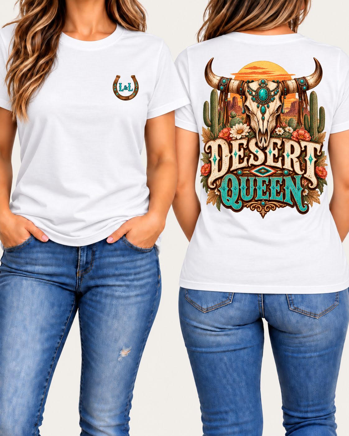 Desert Queen tee in white front and back