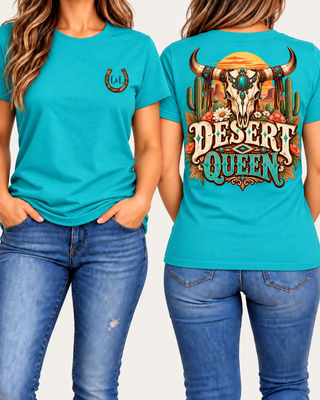 Desert Queen tee in turquoise front and back