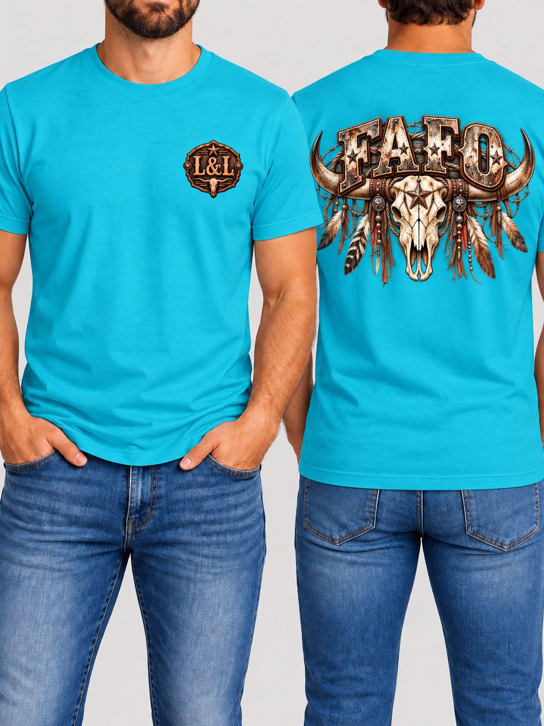 FAFO tee in turquoise front and back