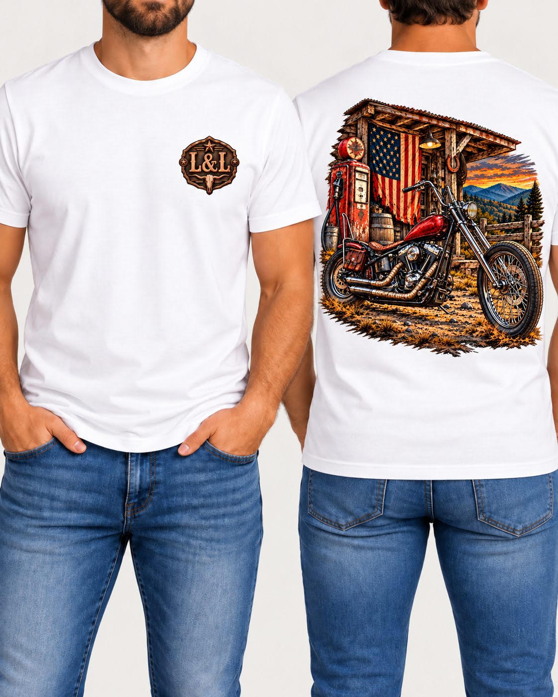 Freedom Fueled men's tee in white front and back