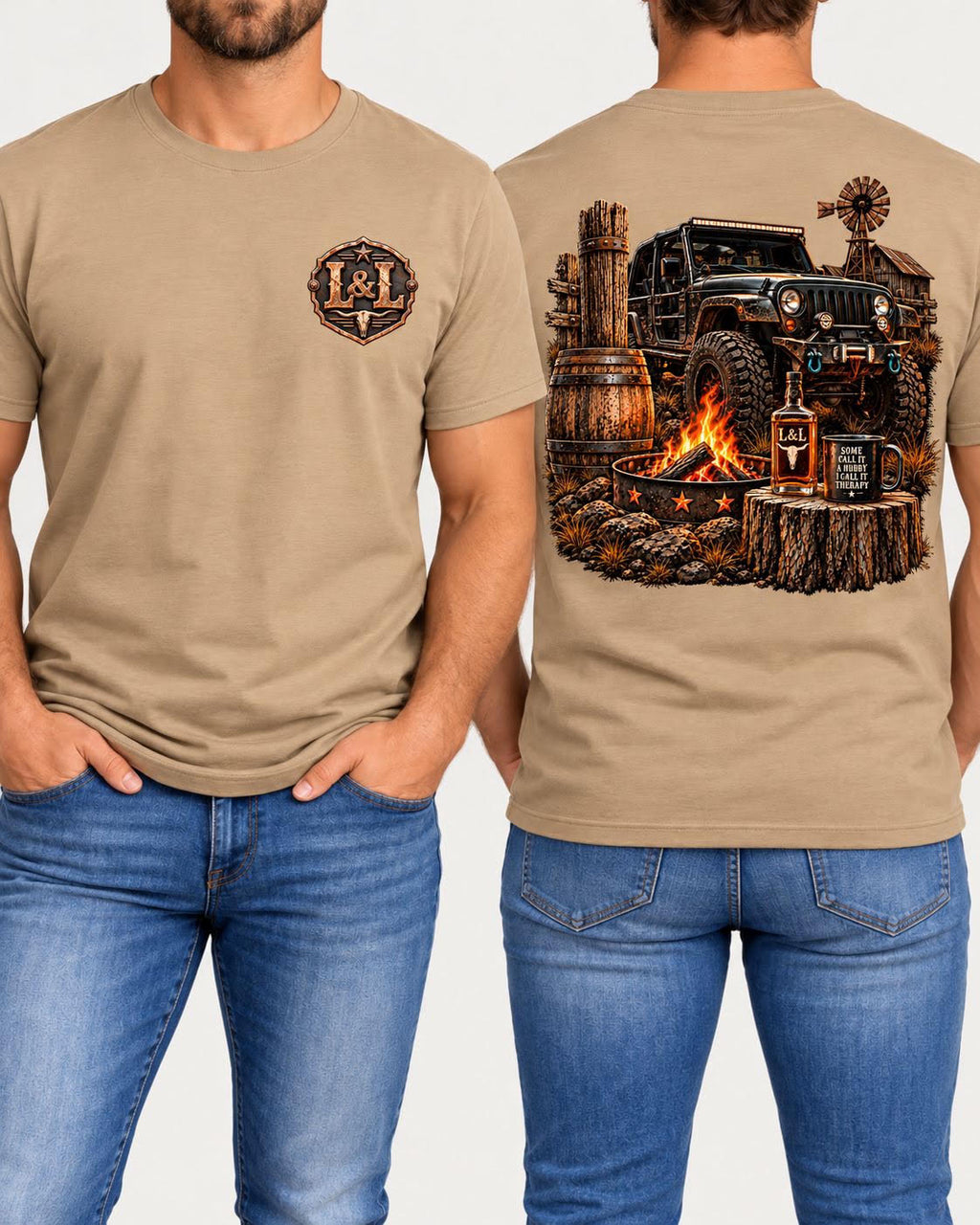 Jeep Therapy tee in tan front and back