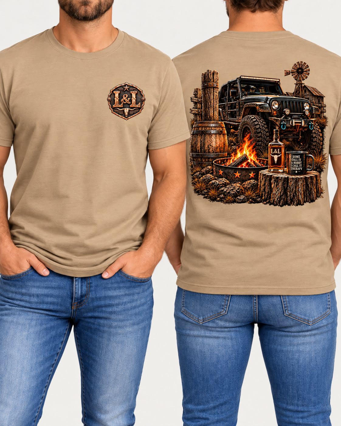 Jeep Therapy tee in tan front and back