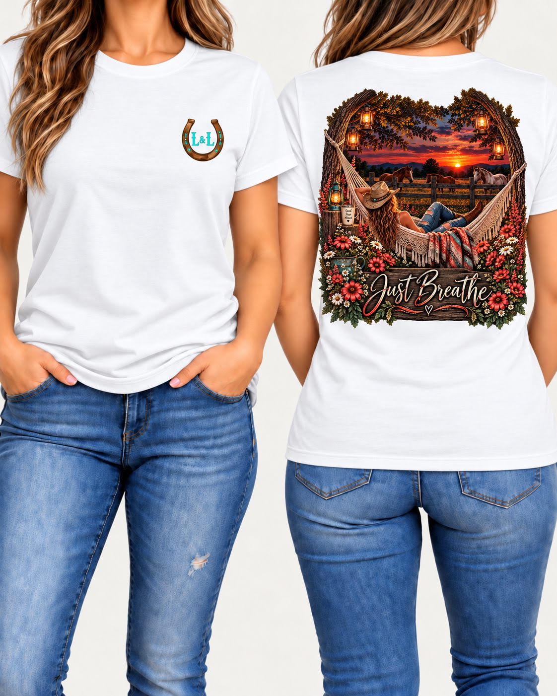 Just Breathe tee in white front and back
