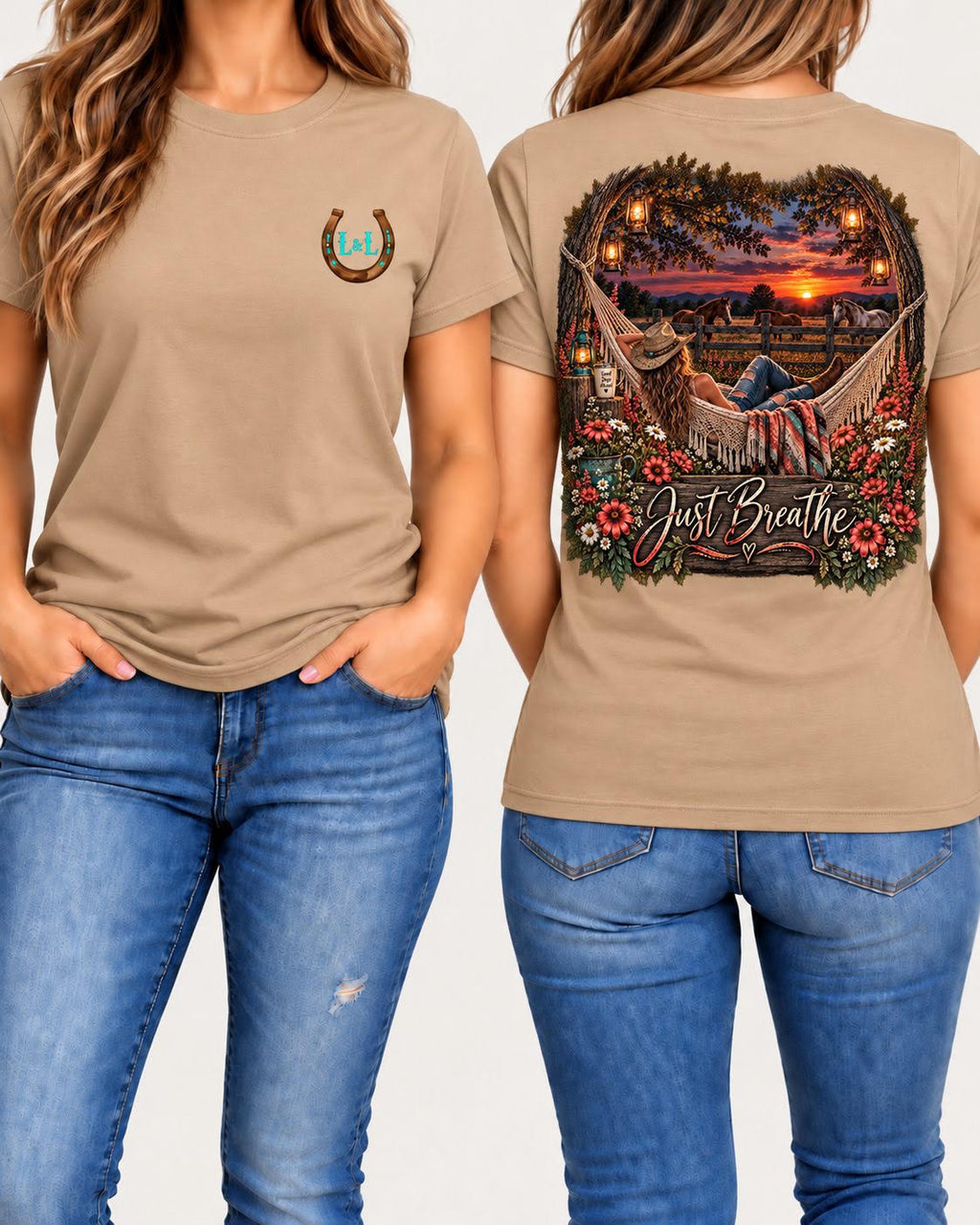 Just Breathe tee in tan front and back