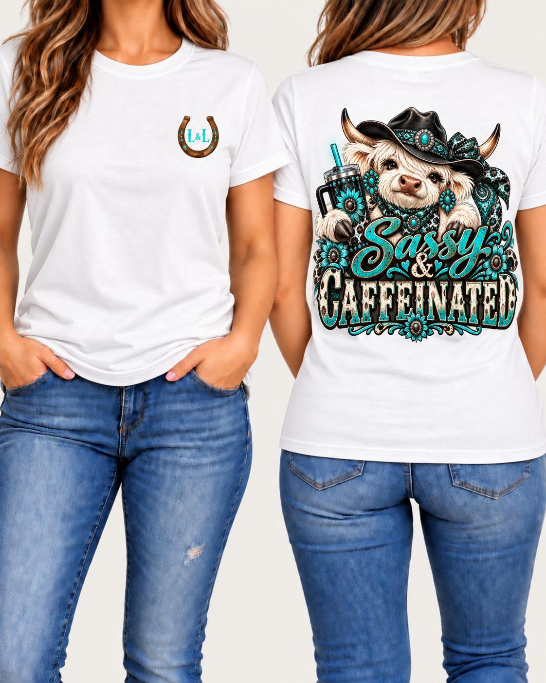 Sassy and Caffeinated tee in white front and back