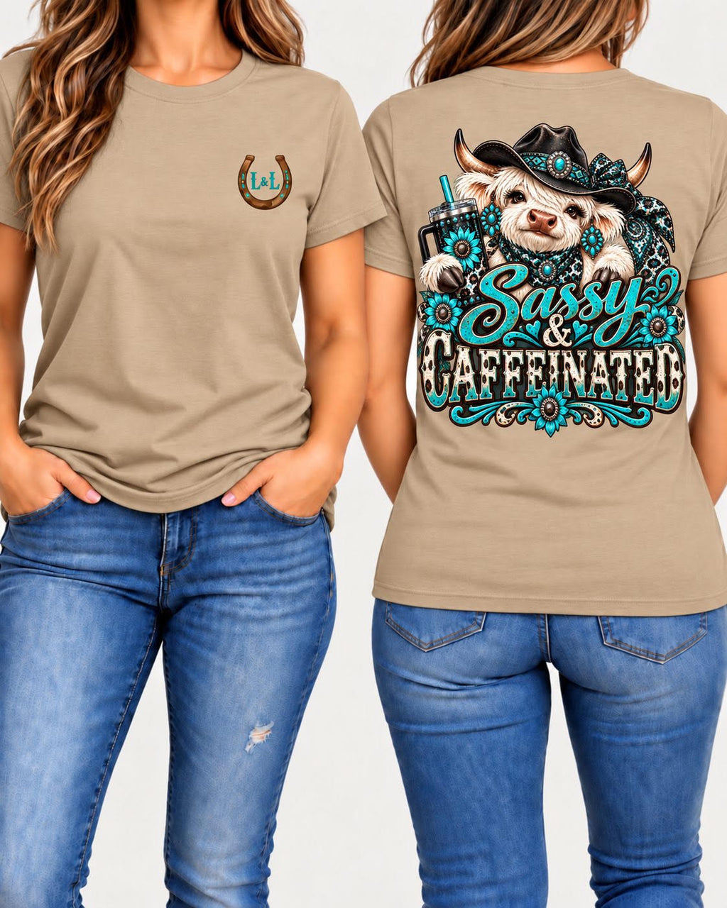 Sassy and Caffeinated tee in tan front and back