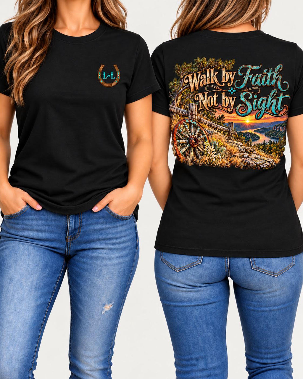 Walk by Faith tee in black front and back