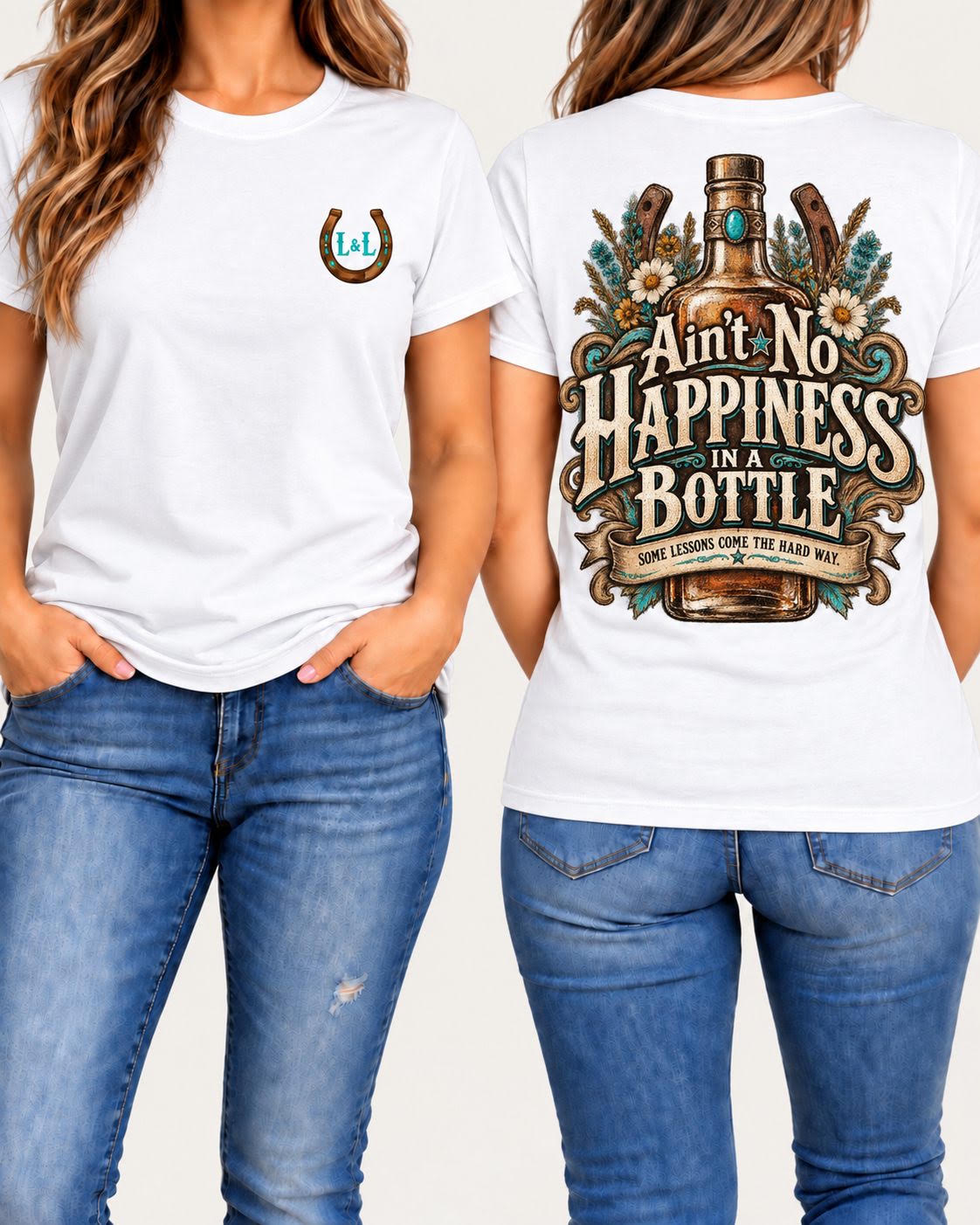 Ain't No Happiness in a Bottle tee in white front and back