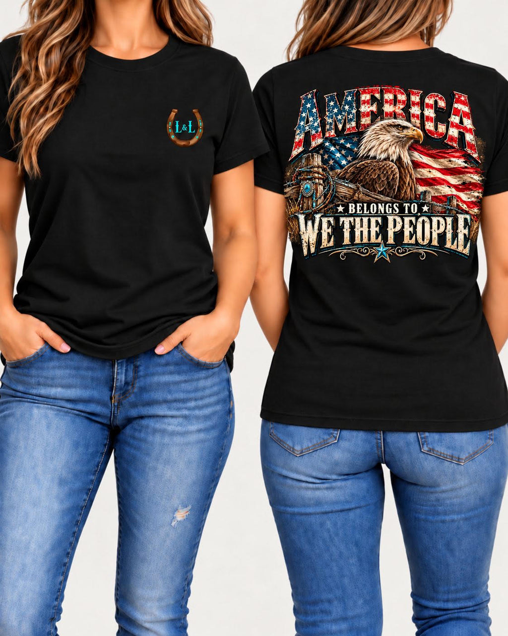 America Belongs to We the People women's tee in black front and back